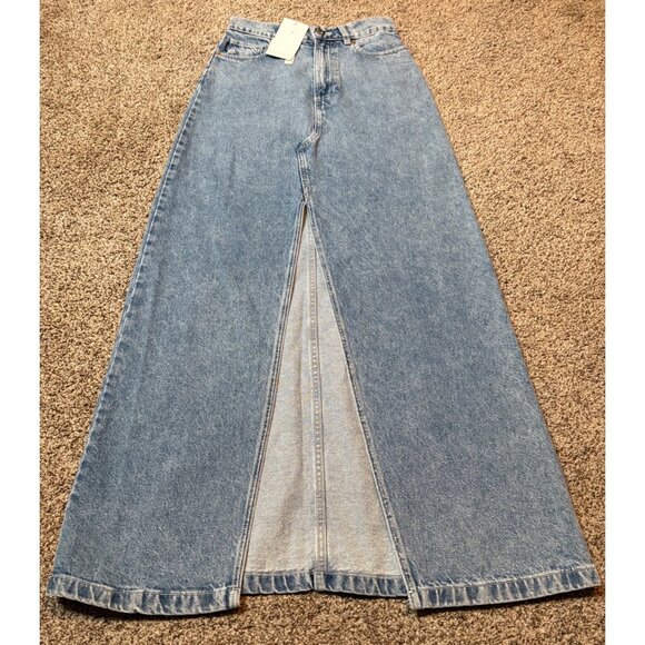 NEW Alohas Marina Denim Column Maxi Skirt Light Blue Wash Slit Front High-Rise - Picture 7 of 14